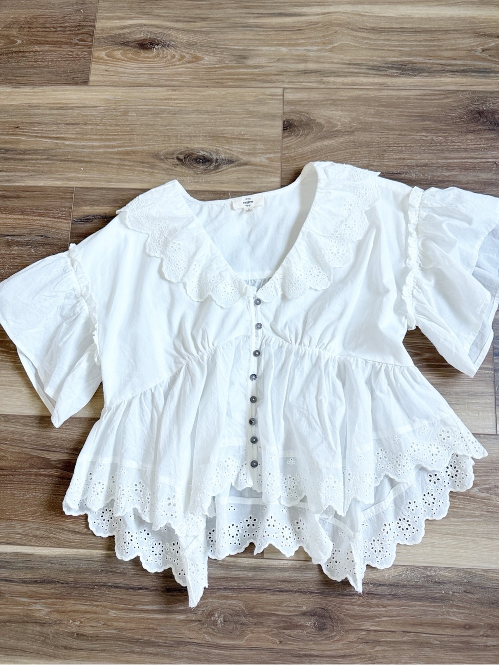 White Eyelet Ruffle Button-Front Top - Picture 6 of 13